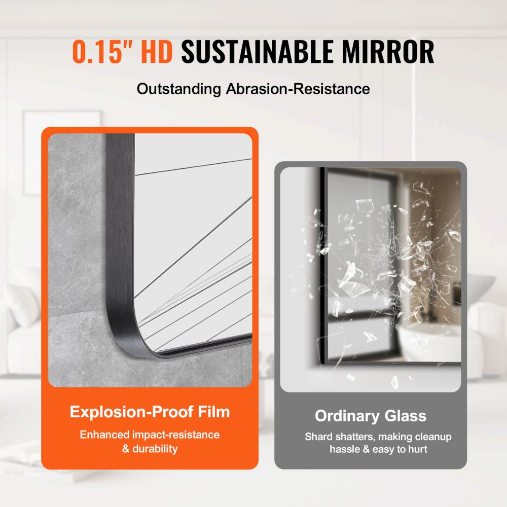 VEVOR Wall Mounted Makeup Mirror, 0.15" Thick, 22" x 30" Mirror with Aluminium Alloy Frame & Explosion-Proof Film, Scratch-Resistant Mirror with Z-Shaped Bracket, Fit for Bathroom/Bedroom/Living Room