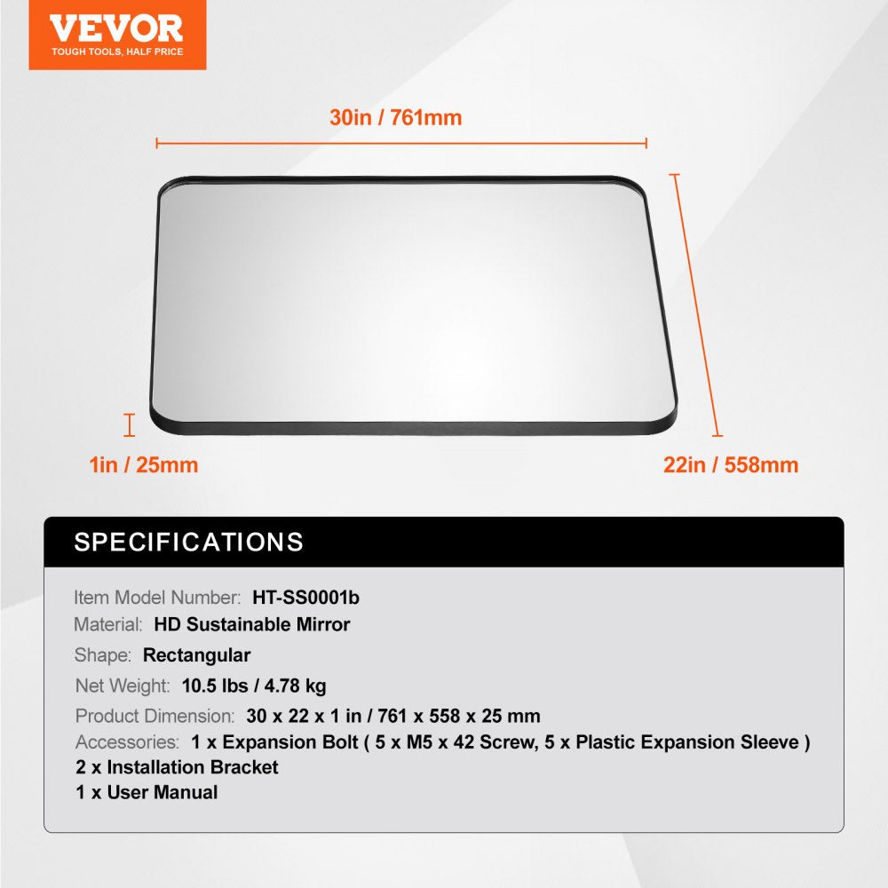 VEVOR Wall Mounted Makeup Mirror, 0.15" Thick, 22" x 30" Mirror with Aluminium Alloy Frame & Explosion-Proof Film, Scratch-Resistant Mirror with Z-Shaped Bracket, Fit for Bathroom/Bedroom/Living Room
