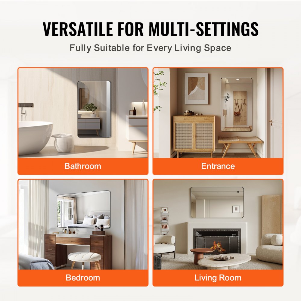 VEVOR Wall Mounted Makeup Mirror, 0.15" Thick, 30" x 48" Mirror with Aluminium Alloy Frame & Explosion-Proof Film, Scratch-Resistant Mirror with Z-Shaped Bracket, Fit for Bathroom/Bedroom/Living Room
