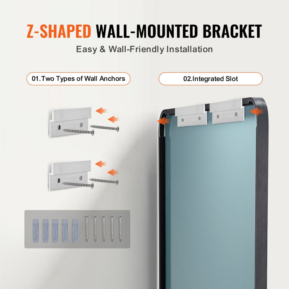 VEVOR Wall Mounted Makeup Mirror, 0.15" Thick, 30" x 48" Mirror with Aluminium Alloy Frame & Explosion-Proof Film, Scratch-Resistant Mirror with Z-Shaped Bracket, Fit for Bathroom/Bedroom/Living Room