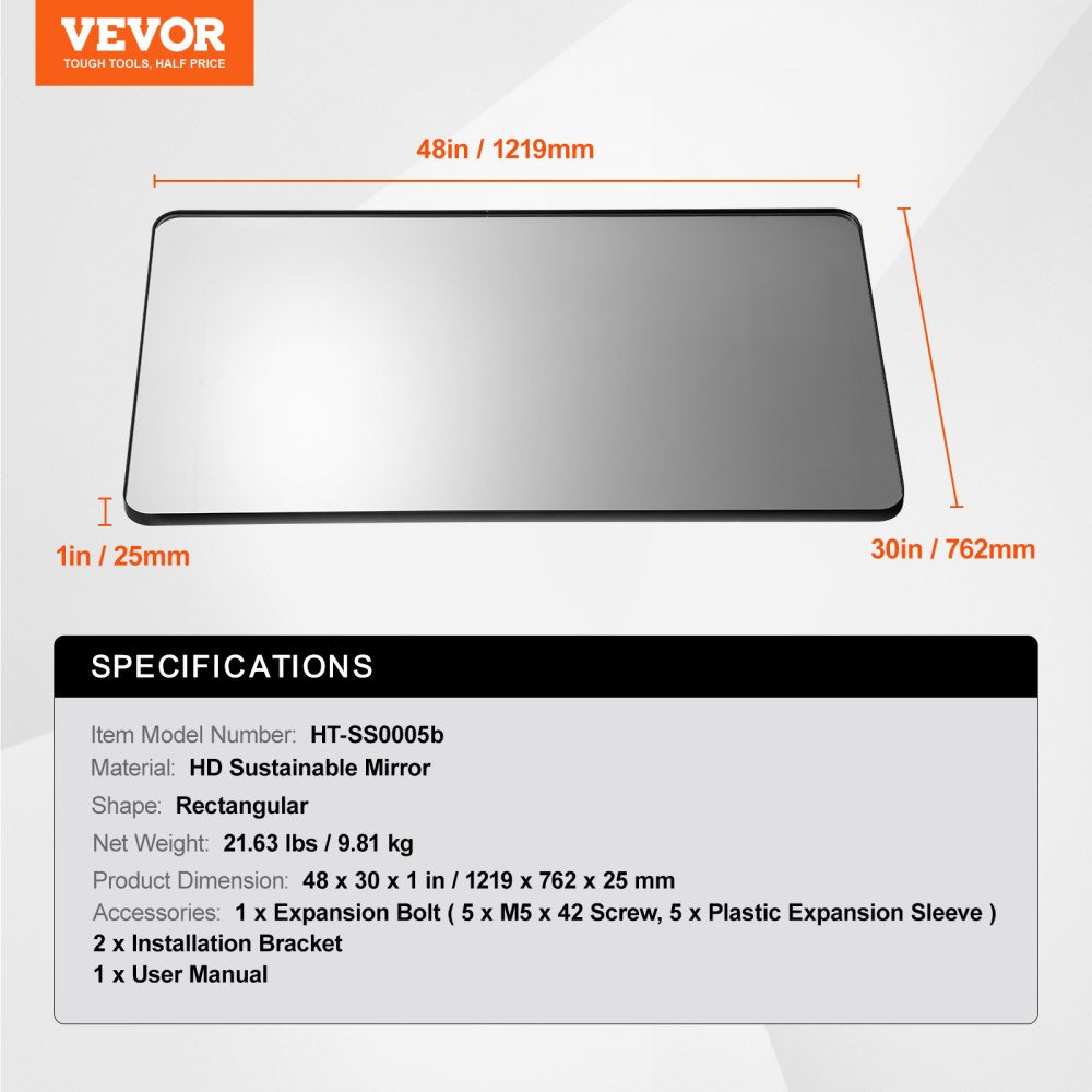 VEVOR Wall Mounted Makeup Mirror, 0.15" Thick, 30" x 48" Mirror with Aluminium Alloy Frame & Explosion-Proof Film, Scratch-Resistant Mirror with Z-Shaped Bracket, Fit for Bathroom/Bedroom/Living Room