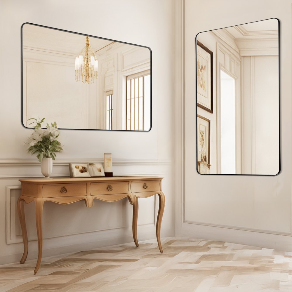 VEVOR Wall Mounted Makeup Mirror, 0.15" Thick, 30" x 48" Mirror with Aluminium Alloy Frame & Explosion-Proof Film, Scratch-Resistant Mirror with Z-Shaped Bracket, Fit for Bathroom/Bedroom/Living Room