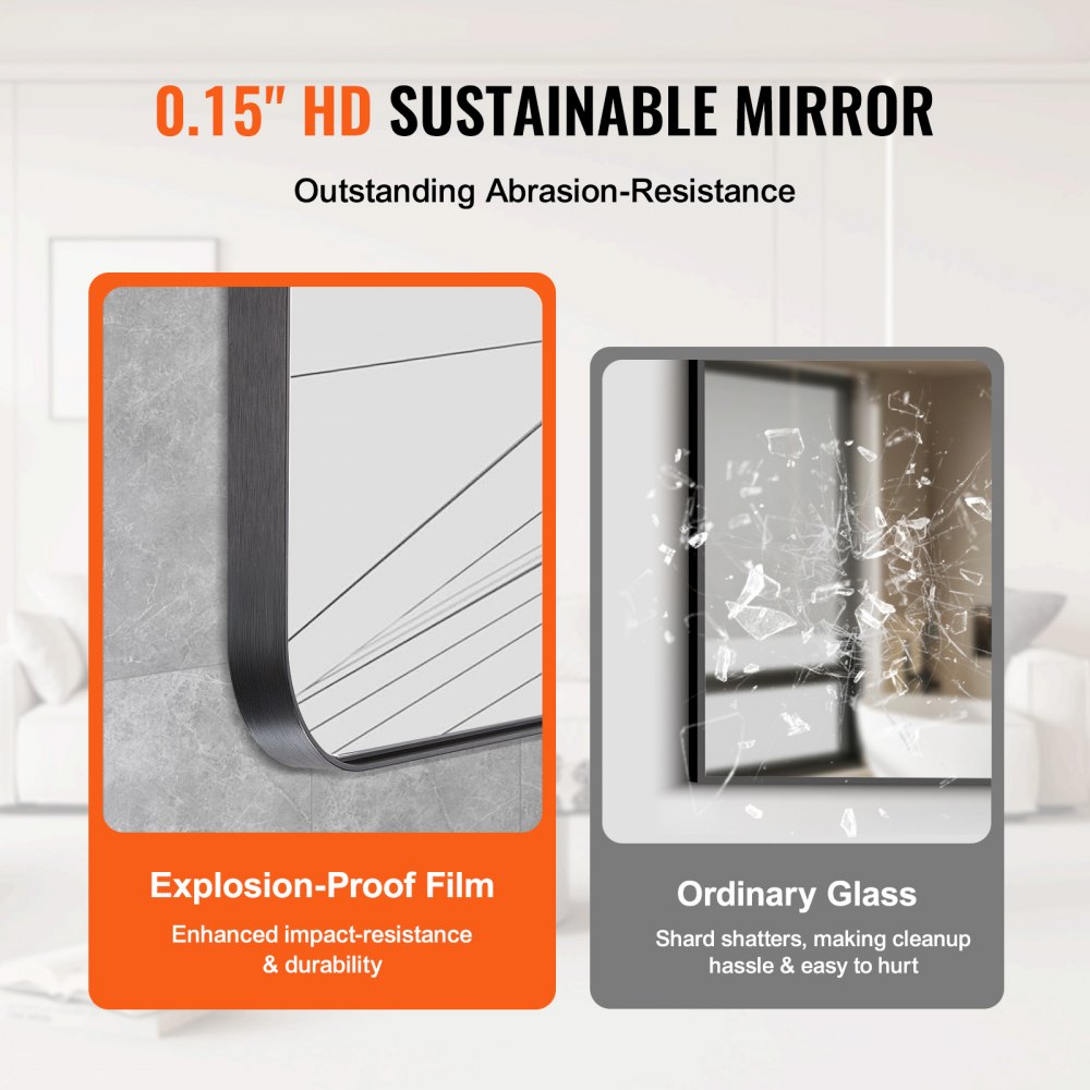VEVOR Wall Mounted Makeup Mirror, 0.15" Thick, 36" x 36" Mirror with Aluminium Alloy Frame & Explosion-Proof Film, Scratch-Resistant Mirror with Z-Shaped Bracket, Fit for Bathroom/Bedroom/Living Room