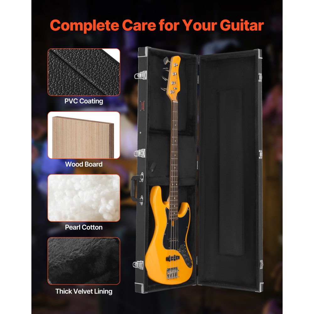 VEVOR Bass Guitar Hard Case, 48.03 in Rectangular Guitar Hard Case, With Lock Latch Keys Handle, PVC Padding Soft Lining Water-Resistant Hard Shell Guitar Cases, for 39-46.5 in Bass Guitars, Black