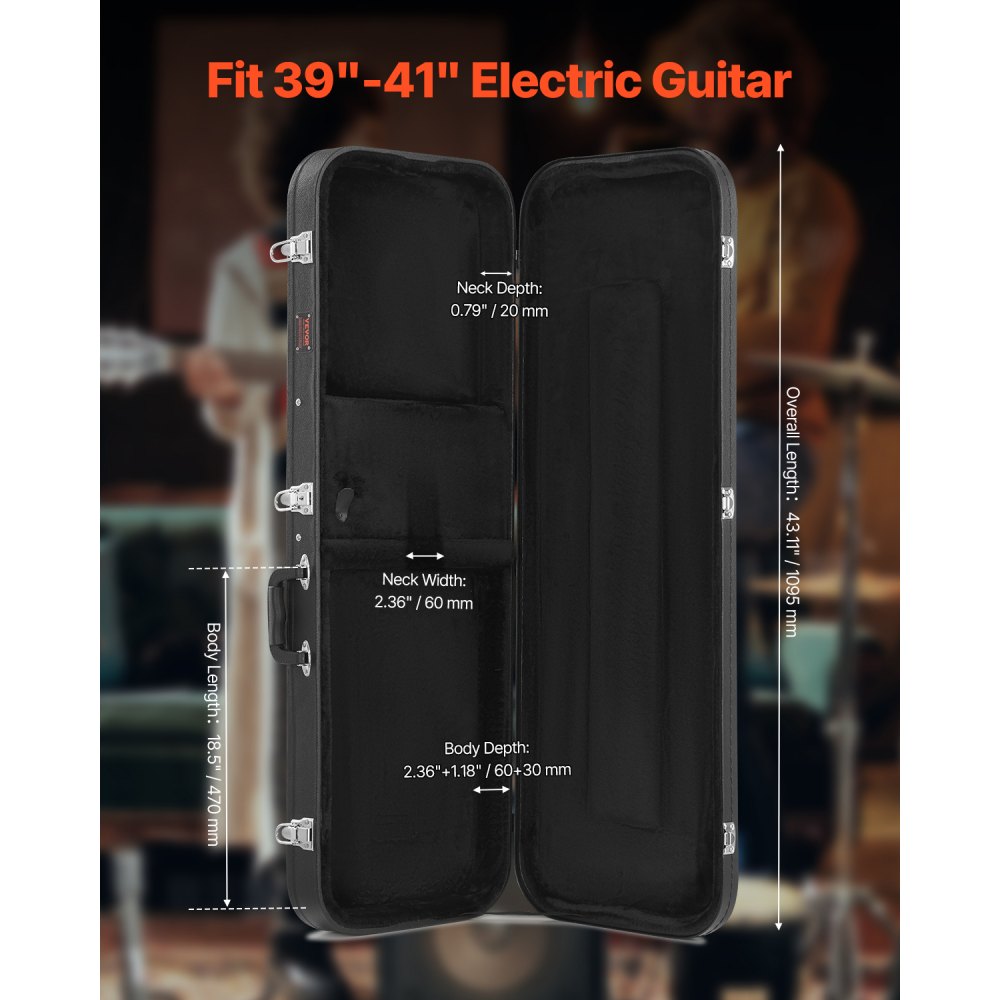 VEVOR Electric Guitar Hard Case, 43.11 in Rectangular Guitar Hard Case, With Lock Latch Keys Handle, PVC Padding Soft Lining Water-Resistant Hard Shell Guitar Cases, for 39 in Electric Guitars, Black