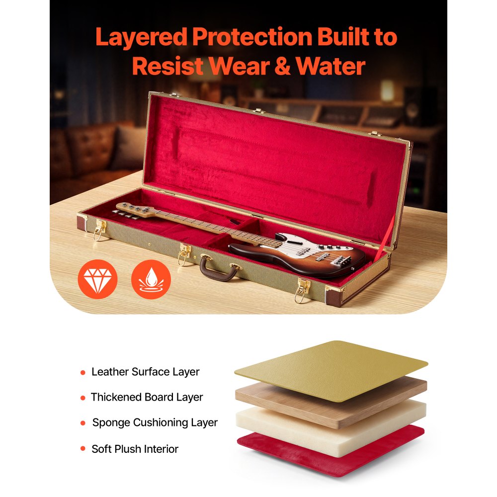 VEVOR Electric Guitar Hard Case, 41.3 Inch, Rectangle Wooden Hard-Shell Protective Carrying Case, with Lock Latch, Padding, Accessory Compartment, Key, for 39 Inch Tele/ST Electric Guitars, Yellow