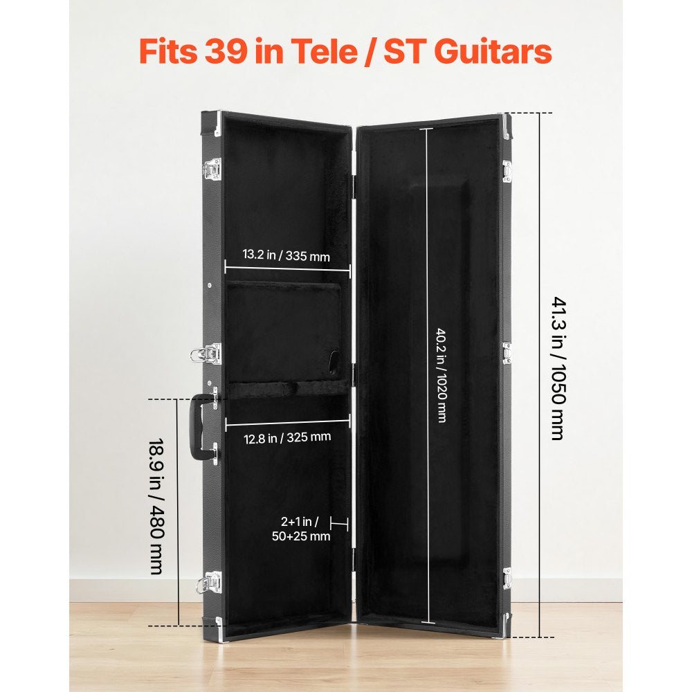 VEVOR Electric Guitar Hard Case, 41.3 Inch, Rectangle Wooden Hard-Shell Protective Carrying Case, with Lock Latch, Padding, Accessory Compartment, Key, for 39 Inch Tele/ST Electric Guitars, Black