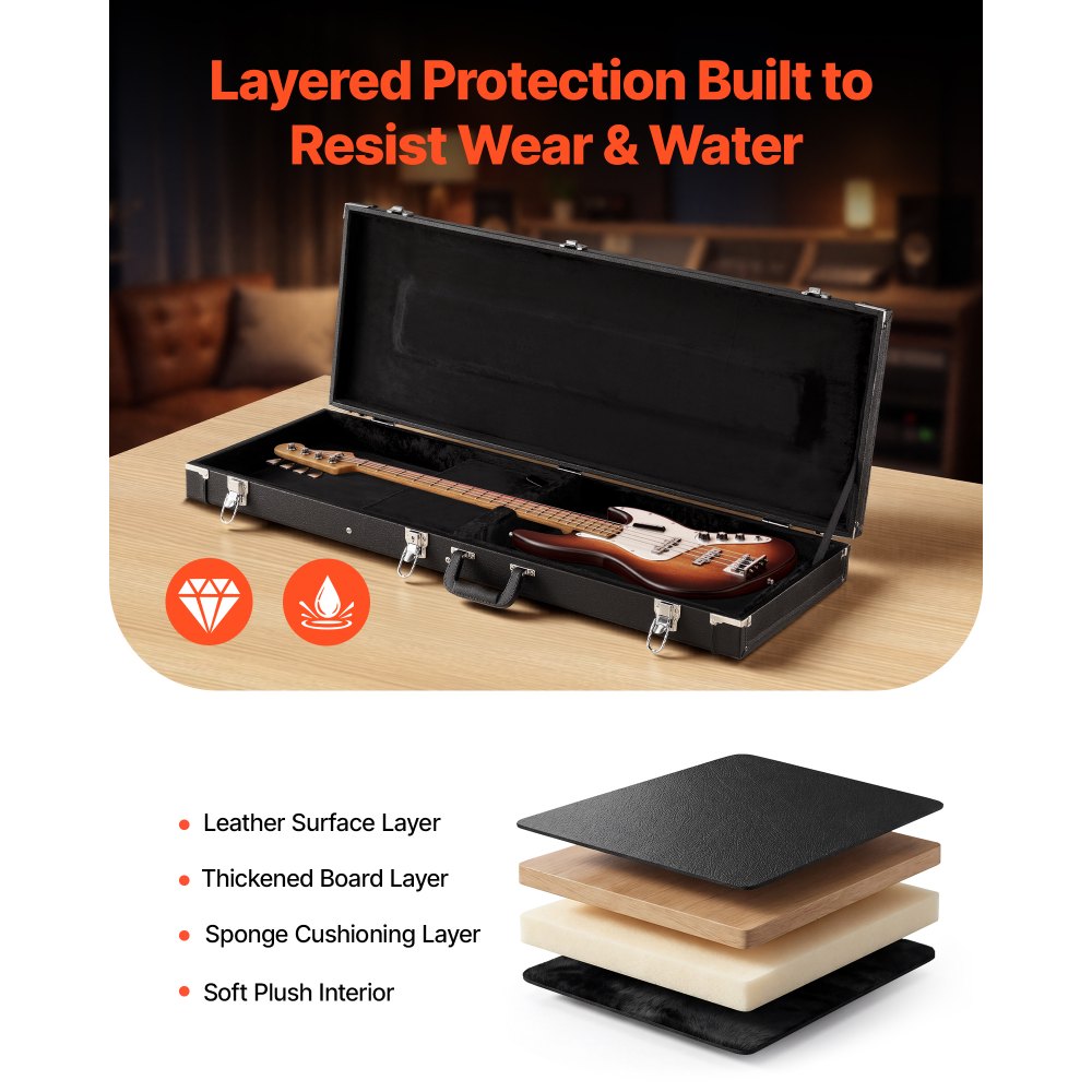 VEVOR Electric Guitar Hard Case, 41.3 Inch, Rectangle Wooden Hard-Shell Protective Carrying Case, with Lock Latch, Padding, Accessory Compartment, Key, for 39 Inch Tele/ST Electric Guitars, Black