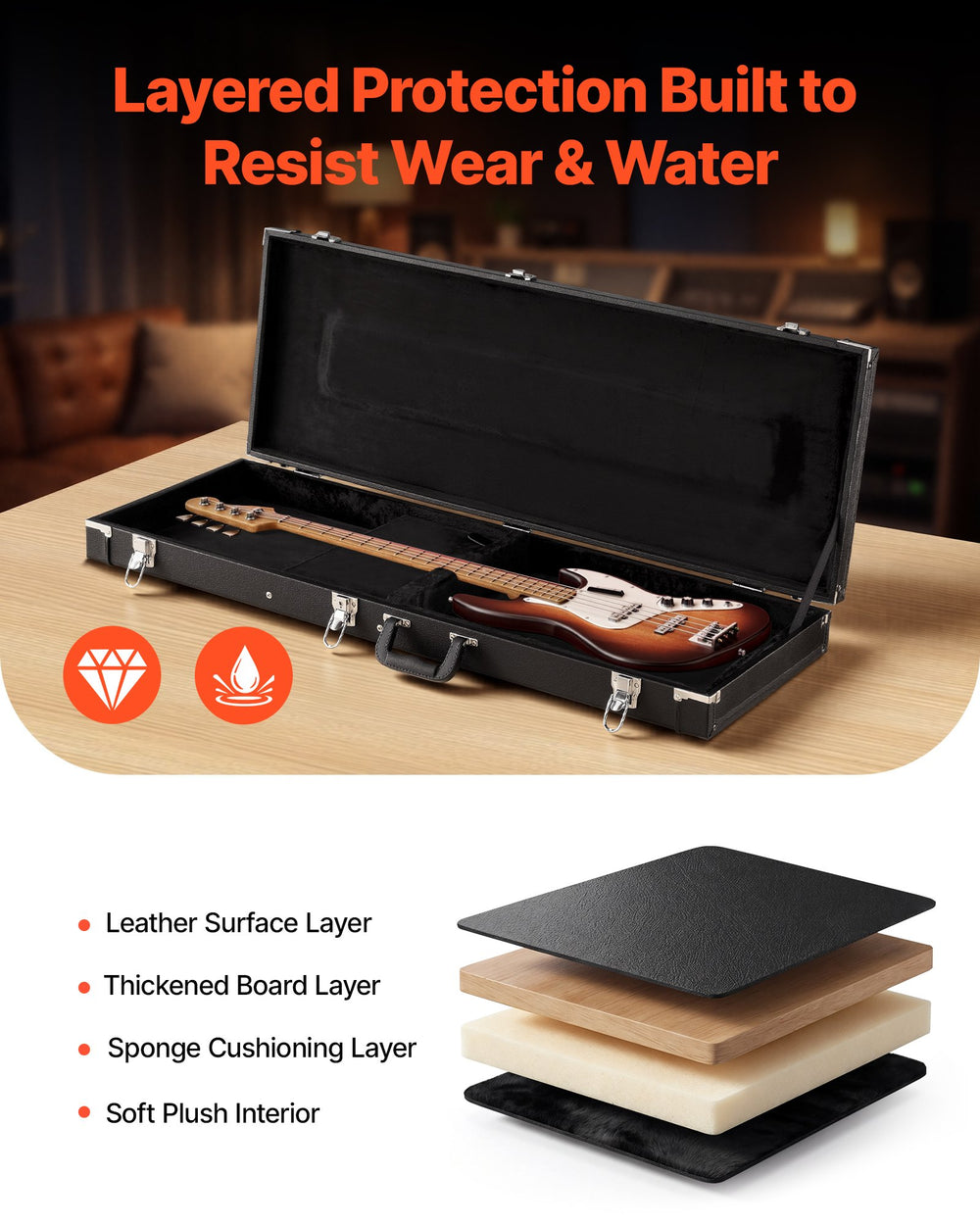 VEVOR Electric Guitar Hard Case, 41.3 Inch, Rectangle Wooden Hard-Shell Protective Carrying Case, with Lock Latch, Padding, Accessory Compartment, Key, for 39 Inch Tele/ST Electric Guitars, Black