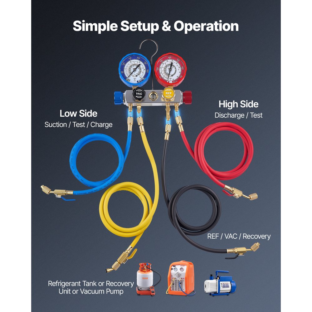 VEVOR AC Manifold Gauge Set for R22 R404A R410A R12 Refrigerants, 4 Way AC Gauges with 5 ft Hoses for Automotive & Household Air Conditioning Maintenance, Evacuation Vacuuming Charging and Recovery