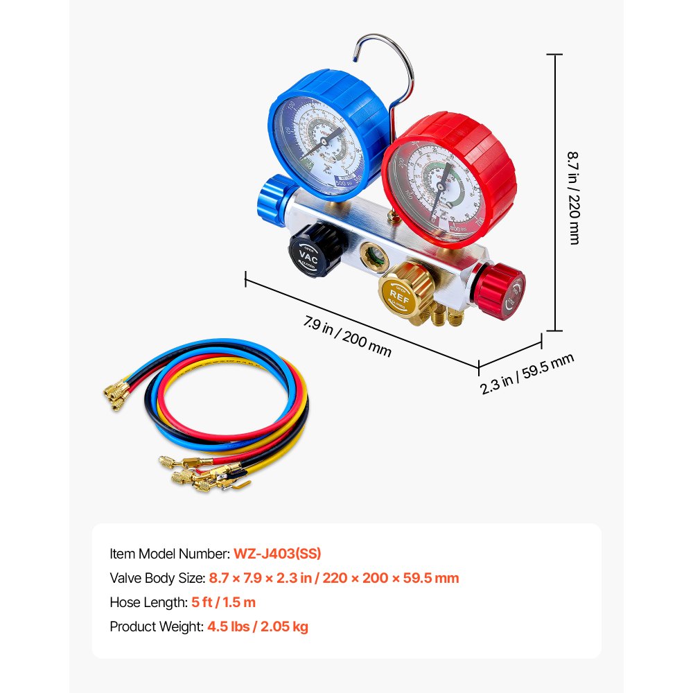 VEVOR AC Manifold Gauge Set for R22 R404A R410A R12 Refrigerants, 4 Way AC Gauges with 5 ft Hoses for Automotive & Household Air Conditioning Maintenance, Evacuation Vacuuming Charging and Recovery