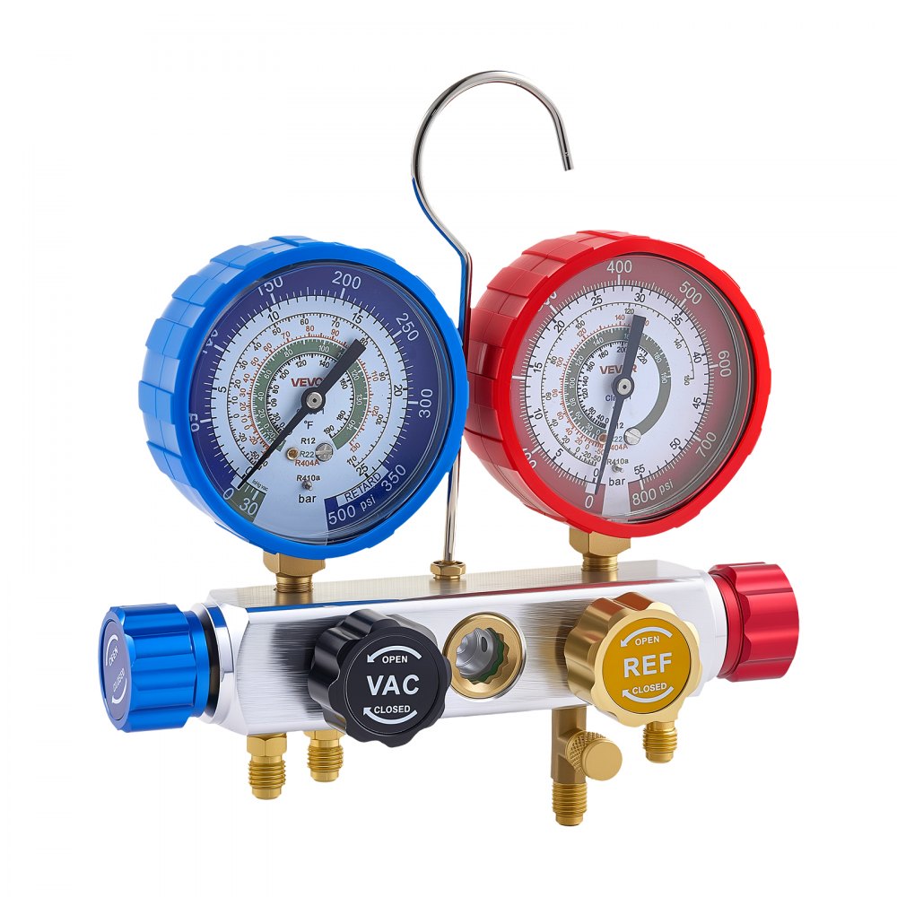 VEVOR AC Manifold Gauge Set for R22 R404A R410A R12 Refrigerants, 4 Way AC Gauges with 5 ft Hoses for Automotive & Household Air Conditioning Maintenance, Evacuation Vacuuming Charging and Recovery