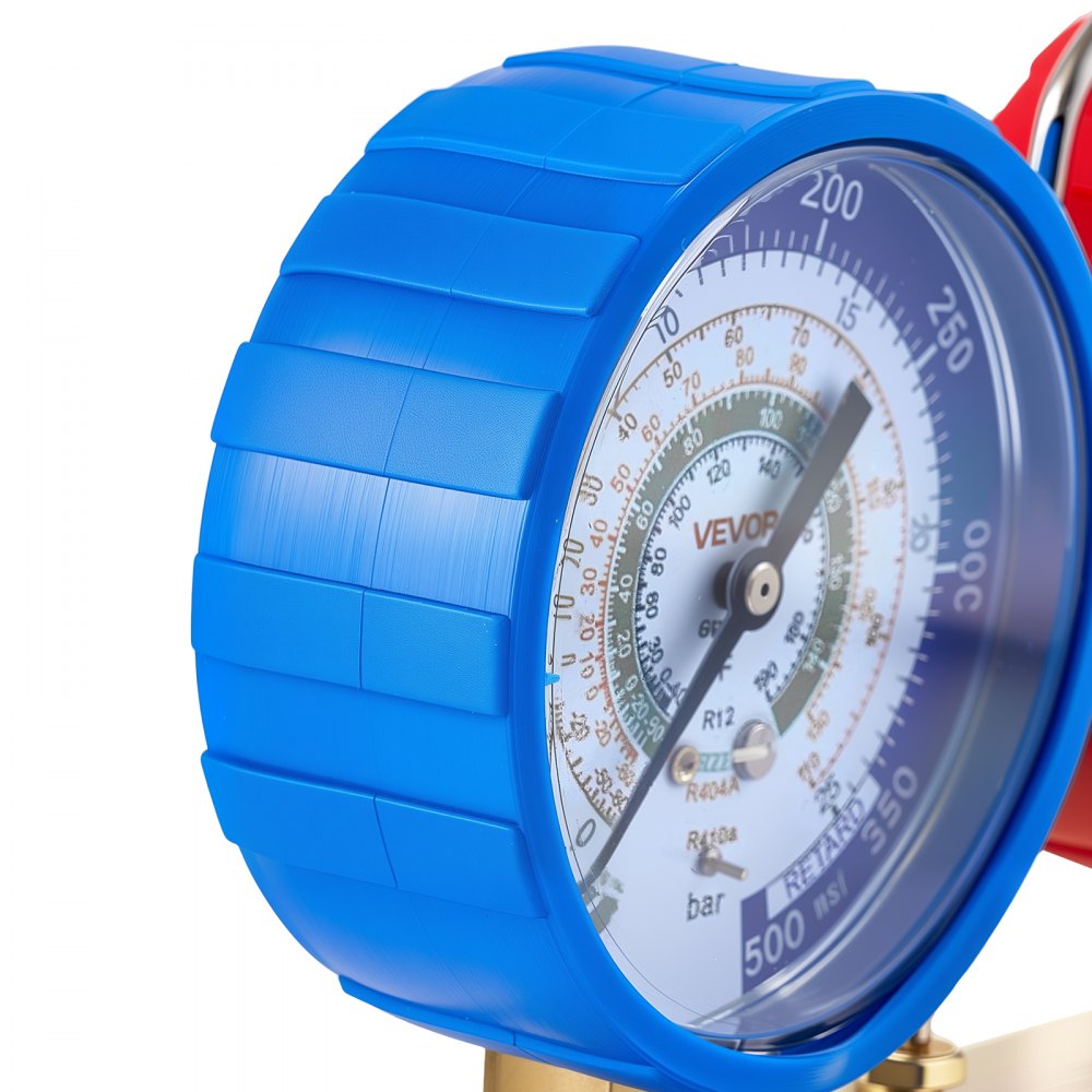 VEVOR AC Manifold Gauge Set for R22 R404A R410A R12 Refrigerants, 4 Way AC Gauges with 5 ft Hoses for Automotive & Household Air Conditioning Maintenance, Evacuation Vacuuming Charging and Recovery