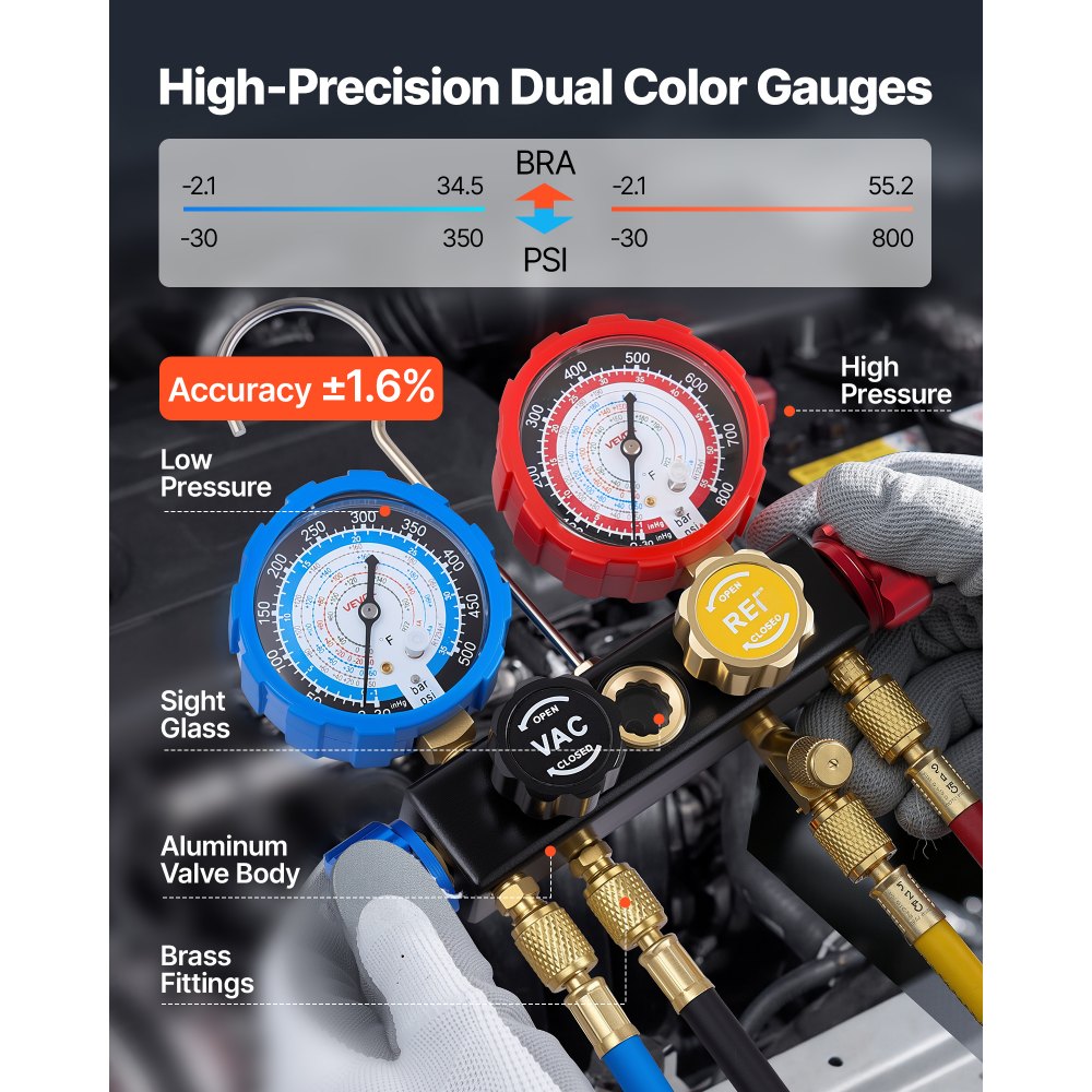 VEVOR AC Manifold Gauge Set for R134a R404A R1234yf R22 Refrigerant, 4 Way AC Gauge with 5 ft Hoses, Adapters, Quick Couplers, Can Taps for Automotive Air Conditioning Maintenance, Charging Evacuation