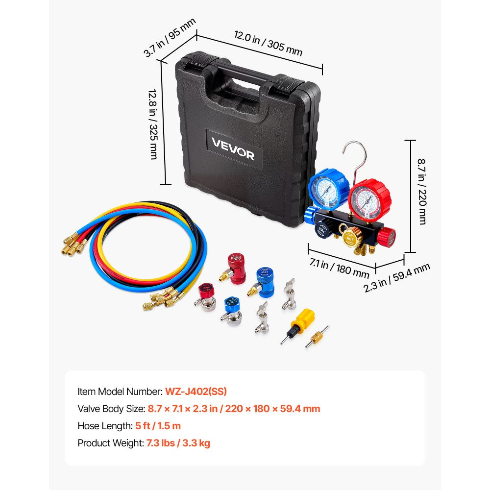 VEVOR AC Manifold Gauge Set for R134a R404A R1234yf R22 Refrigerant, 4 Way AC Gauge with 5 ft Hoses, Adapters, Quick Couplers, Can Taps for Automotive Air Conditioning Maintenance, Charging Evacuation