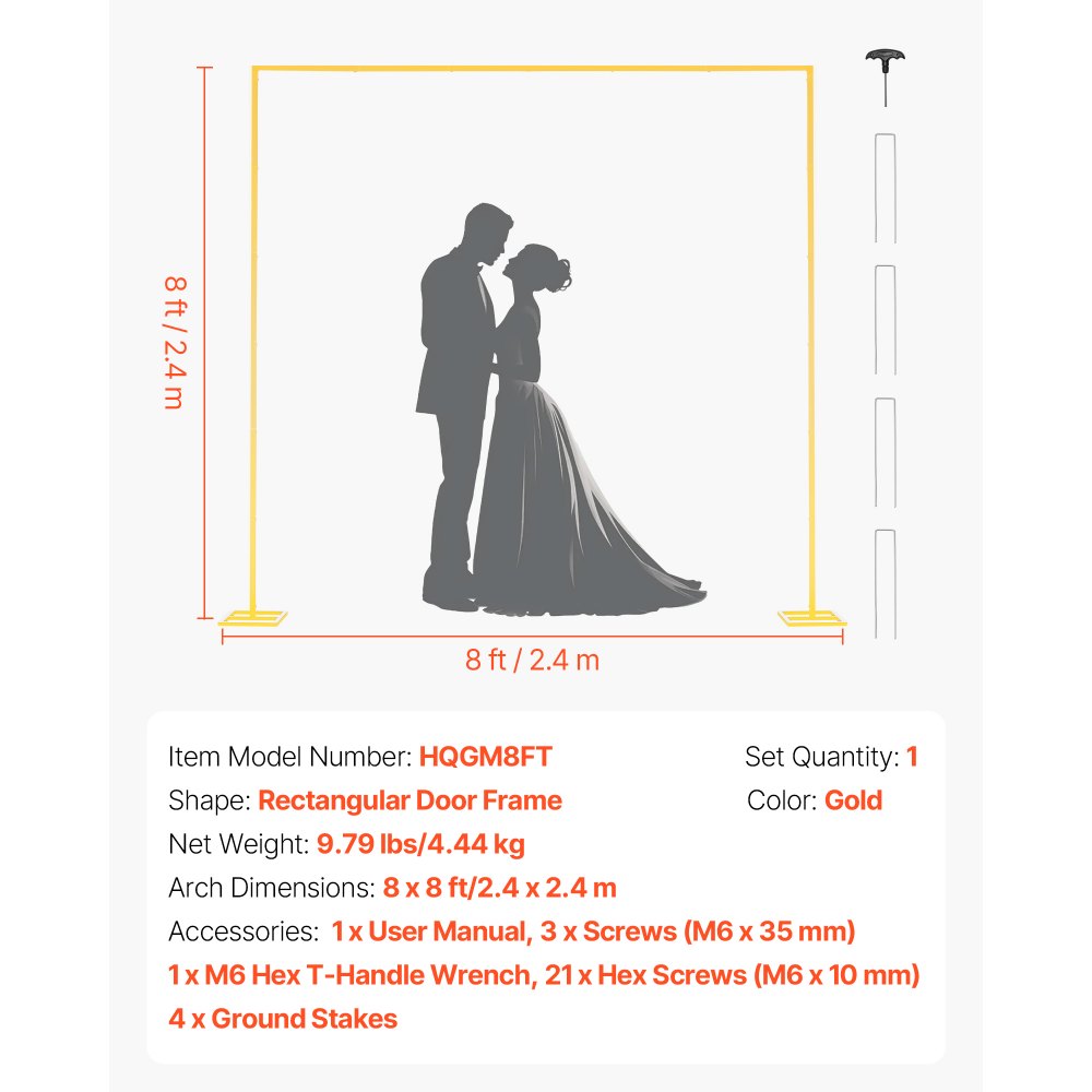 VEVOR Arch Backdrop Stand, 8 x 8 ft, Stable Structure, Easy Assembly, Square Gold Metal Arch Backdrop Stand for Wedding, Birthday Party, Graduation, Holiday Celebration, and Ceremony Decoration