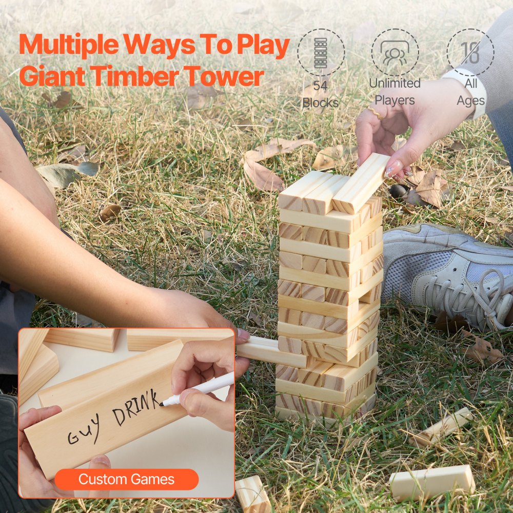 VEVOR Tumbling Timber Toy, 54 Blocks Tumble Tower Blocks Game, Pine Wood Tumbling Tower Game with Storage Crate, Wooden Stacking Game for 1 or More Players, Tumble Tower Family Game for Indoor/Outdoor