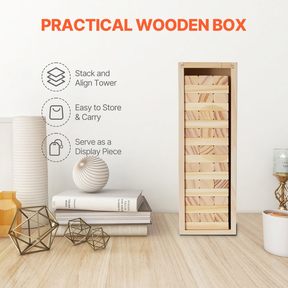VEVOR Tumbling Timber Toy, 54 Blocks Tumble Tower Blocks Game, Pine Wood Tumbling Tower Game with Storage Crate, Wooden Stacking Game for 1 or More Players, Tumble Tower Family Game for Indoor/Outdoor
