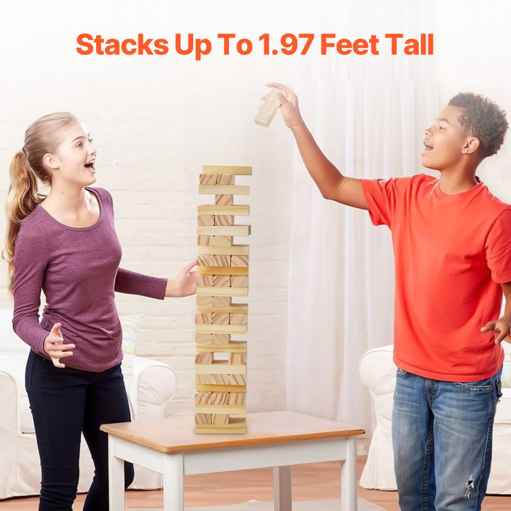 VEVOR Tumbling Timber Toy, 54 Blocks Tumble Tower Blocks Game, Pine Wood Tumbling Tower Game with Storage Crate, Multiple Ways to Play Wooden Stacking Game, Tumble Tower Family Game for Indoor/Outdoor