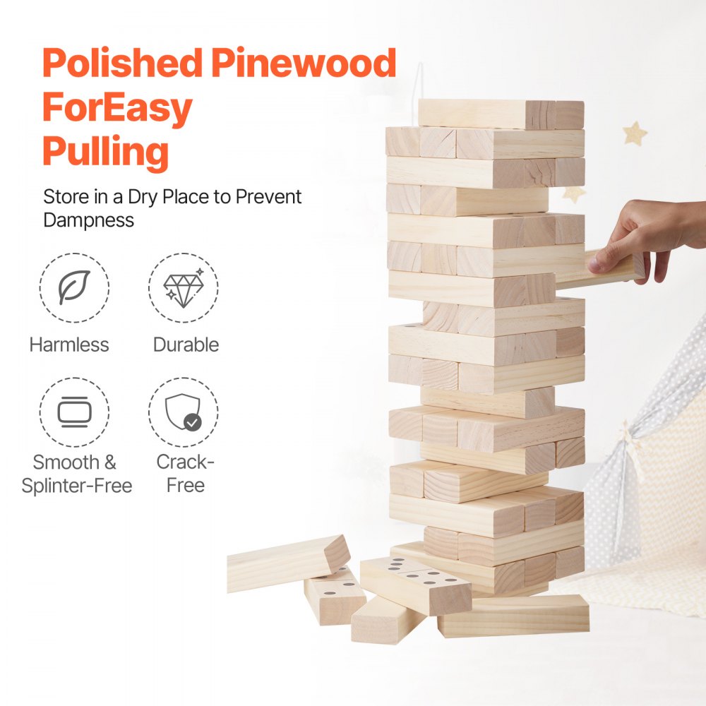 VEVOR Tumbling Timber Toy, 54 Blocks Medium Tumble Tower Blocks Game, Pine Wood Tumbling Tower Game with Carry Bag and Scoreboard, Wooden Stacking Game, Tumble Tower Family Games for Indoor/Outdoor