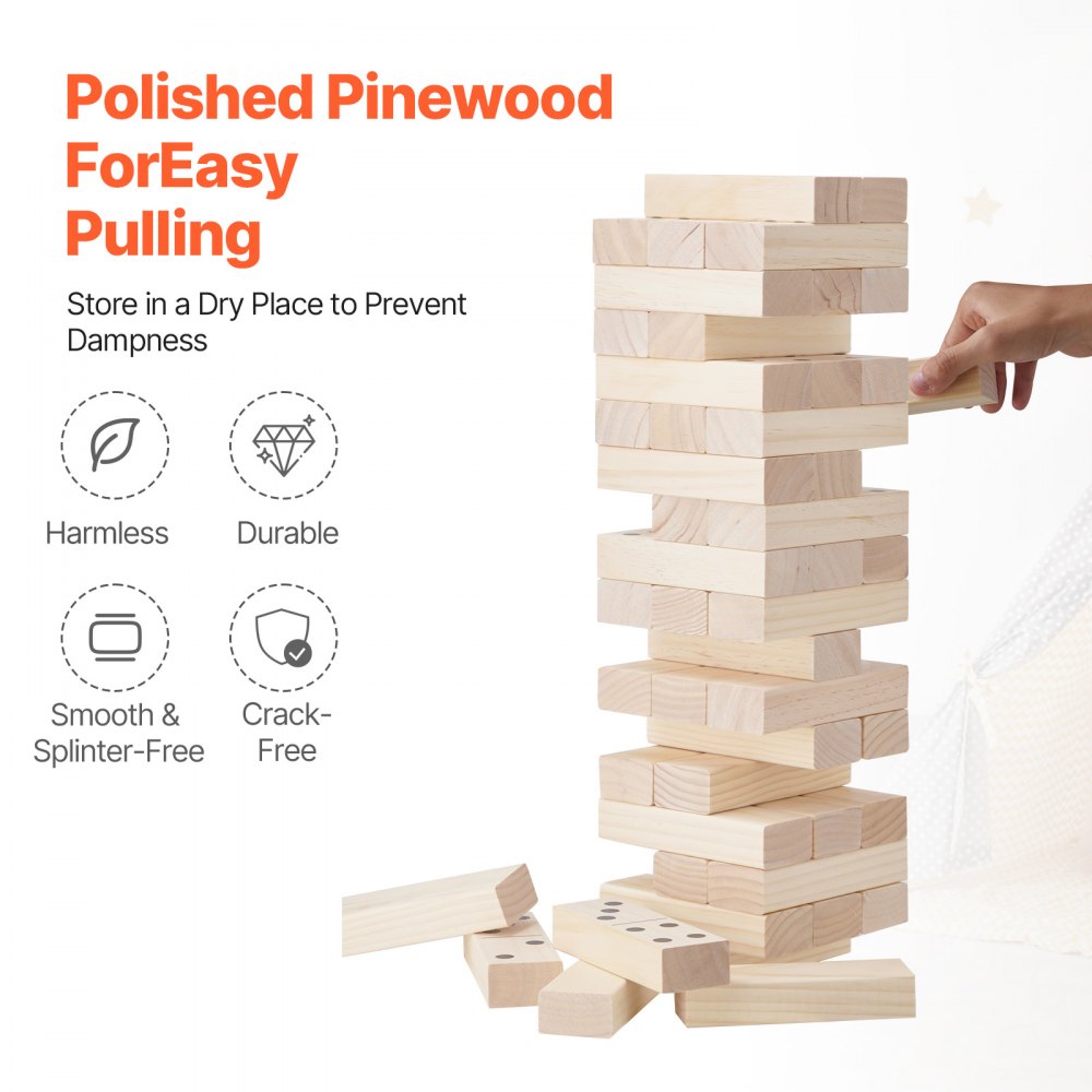 VEVOR Tumbling Timber Toy, 54 Blocks Large Tumble Tower Blocks Game, Pine Wood Tumbling Tower Game with Carry Bag and Scoreboard, Wooden Stacking Game, Tumble Tower Family Games for Indoor/Outdoor
