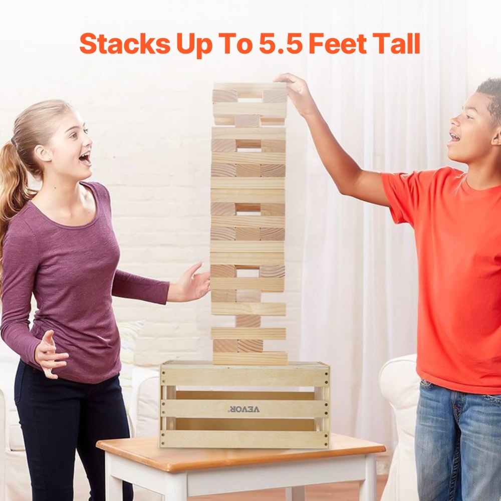 VEVOR Tumbling Timber Toy, 60 Blocks Giant Tumble Tower Blocks Game, Pine Wood Tumbling Tower Game with Storage Crate and Scoreboard, Wooden Stacking Game, Tumble Tower Family Games for Indoor/Outdoor