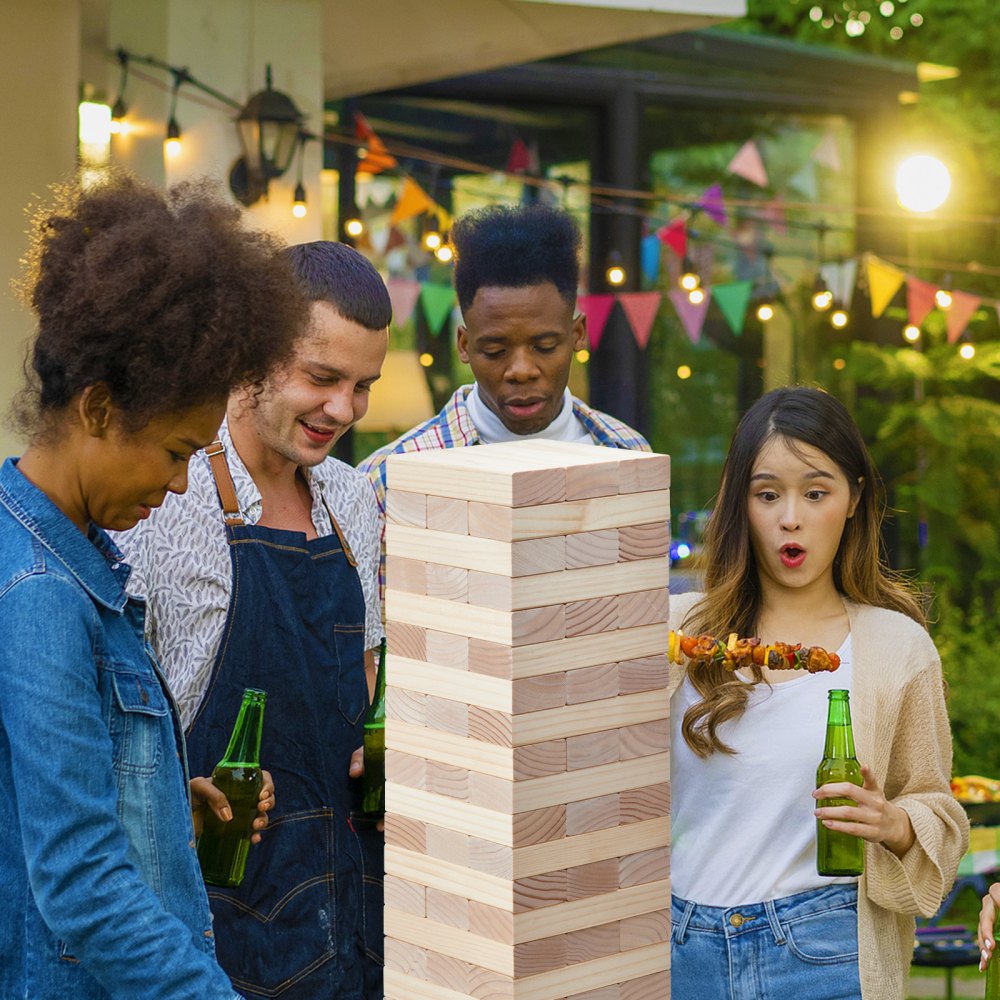 VEVOR Tumbling Timber Toy, 60 Blocks Giant Tumble Tower Blocks Game, Pine Wood Tumbling Tower Game with Storage Crate and Scoreboard, Wooden Stacking Game, Tumble Tower Family Games for Indoor/Outdoor
