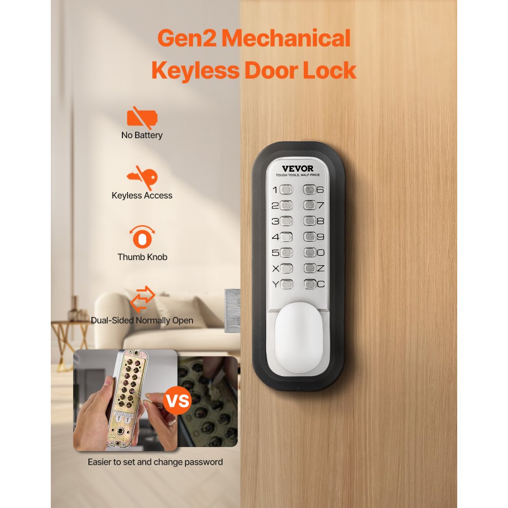 VEVOR Mechanical Keyless Entry Door Lock, 14 Key Mechanical Door Lock, Mechanical Keypad Door Lock with Adjustable Thumb Knob, Single-Side Zinc Alloy Waterproof Keyless Gate Lock, for Home Office