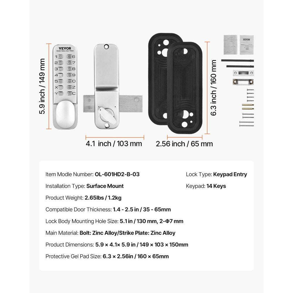 VEVOR Mechanical Keyless Entry Door Lock, 14 Key Mechanical Door Lock, Mechanical Keypad Door Lock with Adjustable Thumb Knob, Single-Side Zinc Alloy Waterproof Keyless Gate Lock, for Home Office