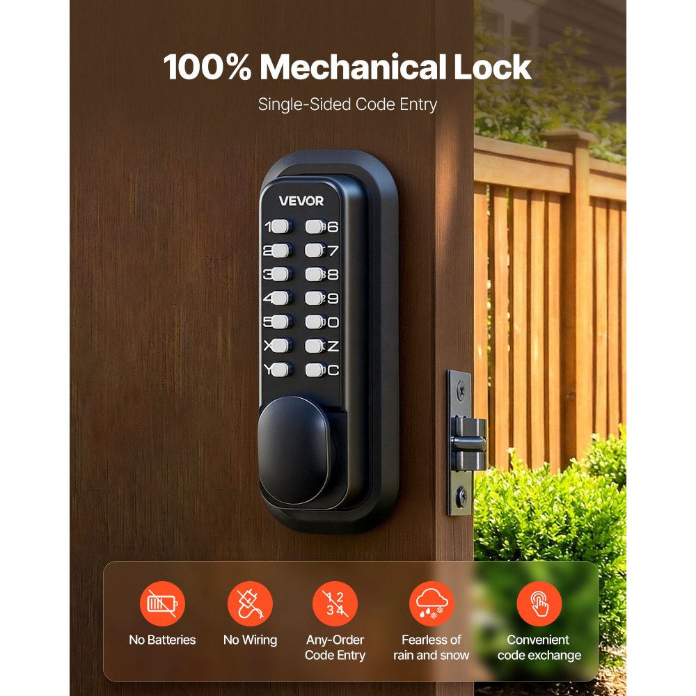 VEVOR Mechanical Keyless Entry Door Lock, 2.0 Code Upgrade, 4-7 Digits Code, Single-Sided Push Button Combination Mechanical Keypad Door Knob, Auto Locking, for Garden Gates, Indoor or Outdoor, Black