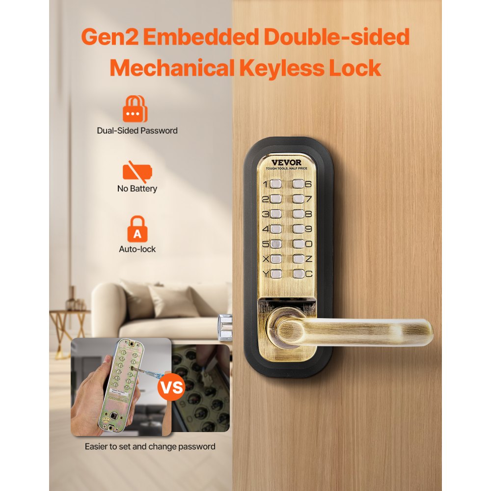 VEVOR Mechanical Keyless Entry Door Lock, 14 Key Mechanical Door Lock, Mechanical Keypad Door Lock with Handle, Double-Sided Stainless Steel Waterproof Keyless Gate Lock, for Home Office Fence Garage