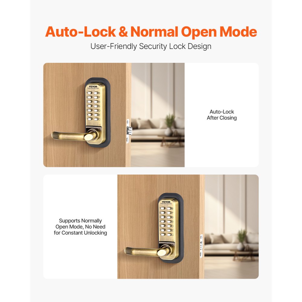 VEVOR Mechanical Keyless Entry Door Lock, 14 Key Mechanical Door Lock, Mechanical Keypad Door Lock with Handle, Double-Sided Stainless Steel Waterproof Keyless Gate Lock, for Home Office Fence Garage