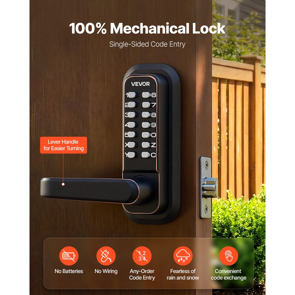 VEVOR Mechanical Keyless Entry Door Lock, 2.0 Code Upgrade, 4-7 Digits Code, Single-Sided Push Button Combination Keypad Door Lock with Handle, Auto Locking, for Indoor or Outdoor, Oil-Rubbed Bronze