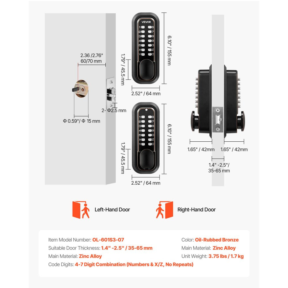VEVOR Mechanical Keyless Entry Door Lock, 2.0 Code Upgrade, 4-7 Digits Code, Double-Sided Push Button Combination Mechanical Keypad Door Knob, Auto Locking, for Indoor or Outdoor, Oil-Rubbed Bronze