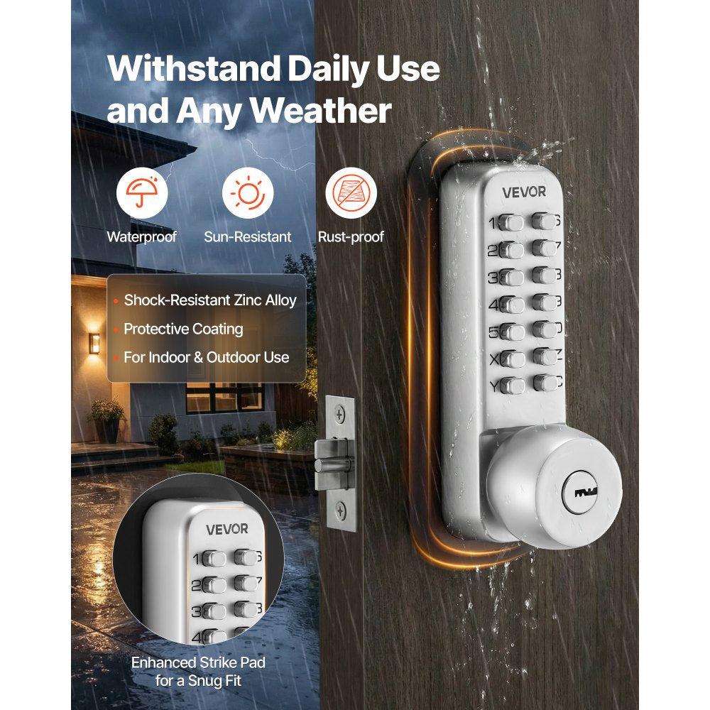 VEVOR Mechanical Keyless Entry Door Lock, 2.0 Code Upgrade, 4-7 Digits Code, Single-Sided Push Button Combination Mechanical Keypad Door Knob, Auto Locking, for Garden Gates, Indoor or Outdoor, Silver