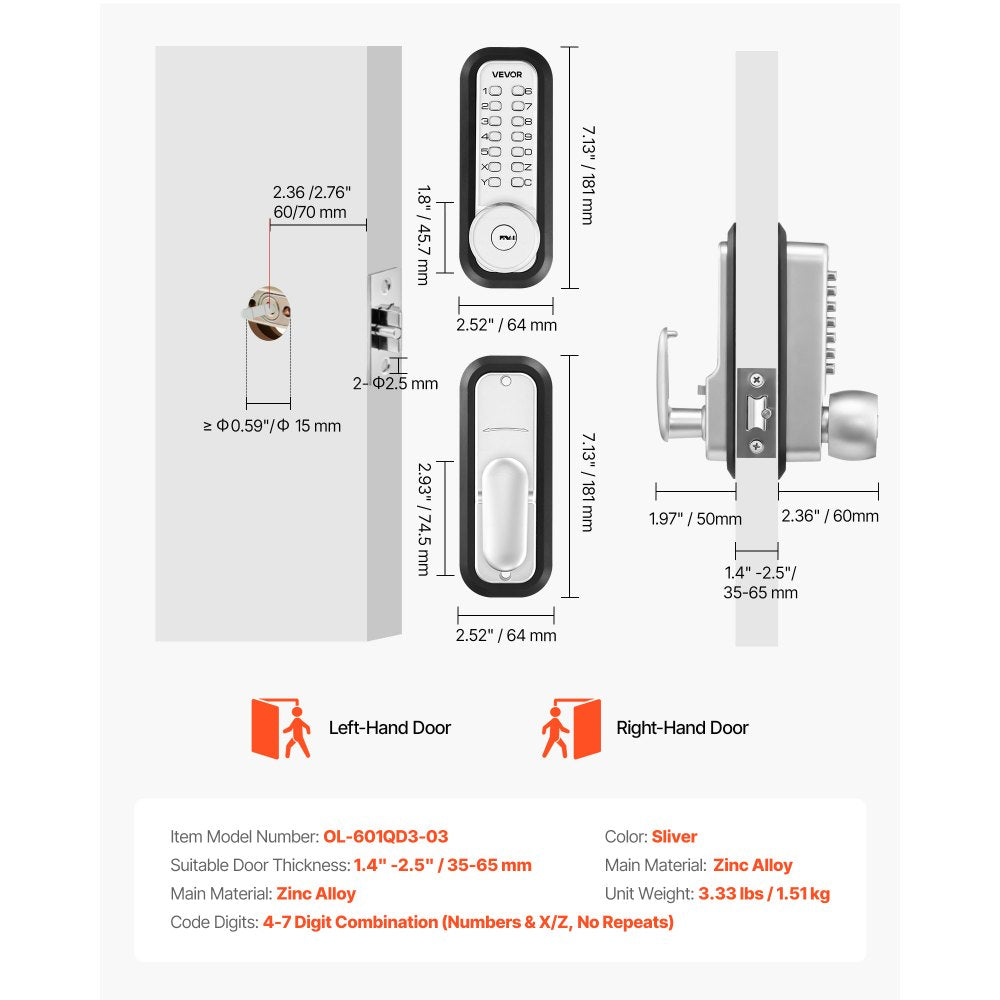 VEVOR Mechanical Keyless Entry Door Lock, 2.0 Code Upgrade, 4-7 Digits Code, Single-Sided Push Button Combination Mechanical Keypad Door Knob, Auto Locking, for Garden Gates, Indoor or Outdoor, Silver