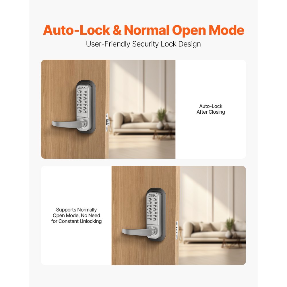 VEVOR Mechanical Keyless Entry Door Lock, 14 Key Mechanical Door Lock, Mechanical Keypad Door Lock with Handle, Double-Sided Stainless Steel Waterproof Keyless Gate Lock, for Home Office Yard, Sliver