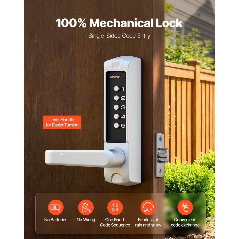 VEVOR Mechanical Keyless Entry Door Lock, 2.0 Code Upgrade, 5 Digits Code, Single-Sided Push Button Combination Keypad Door Lock with Handle, Auto Locking, for Garden Gates, Indoor or Outdoor, Silver
