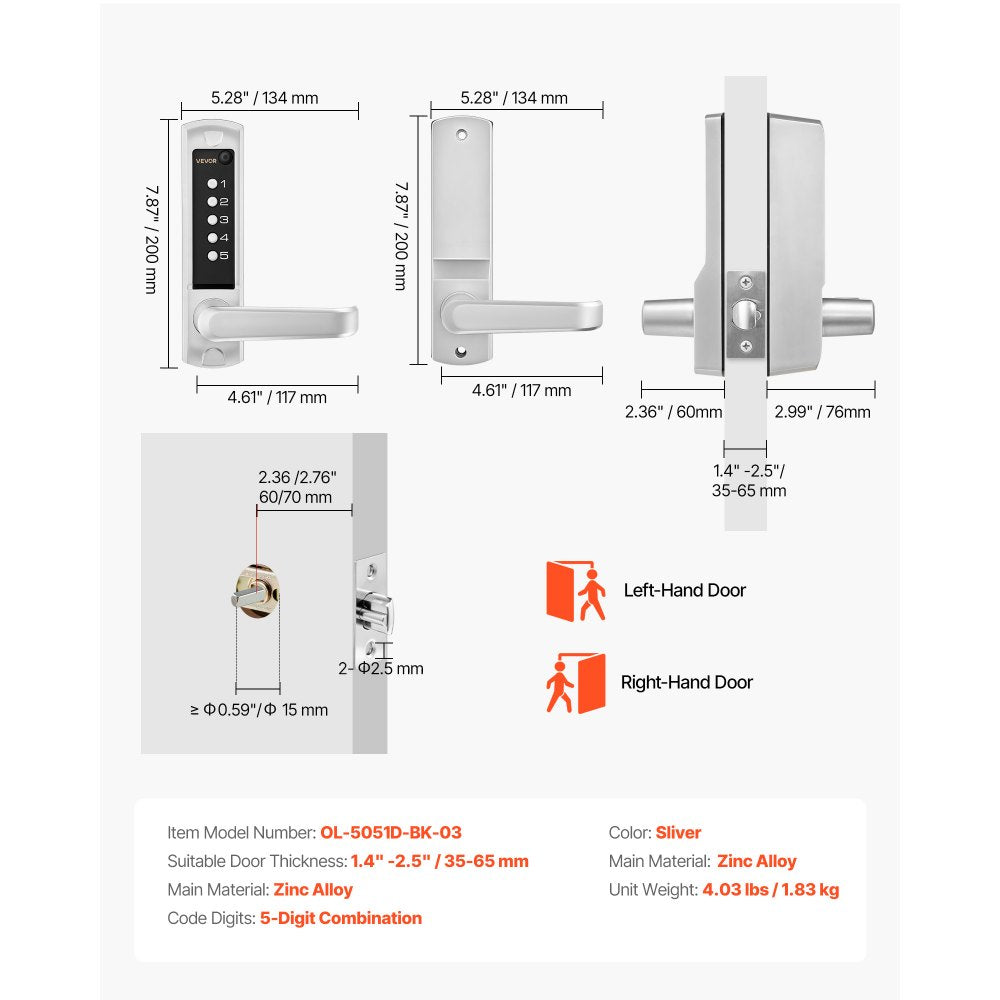 VEVOR Mechanical Keyless Entry Door Lock, 2.0 Code Upgrade, 5 Digits Code, Single-Sided Push Button Combination Keypad Door Lock with Handle, Auto Locking, for Garden Gates, Indoor or Outdoor, Silver