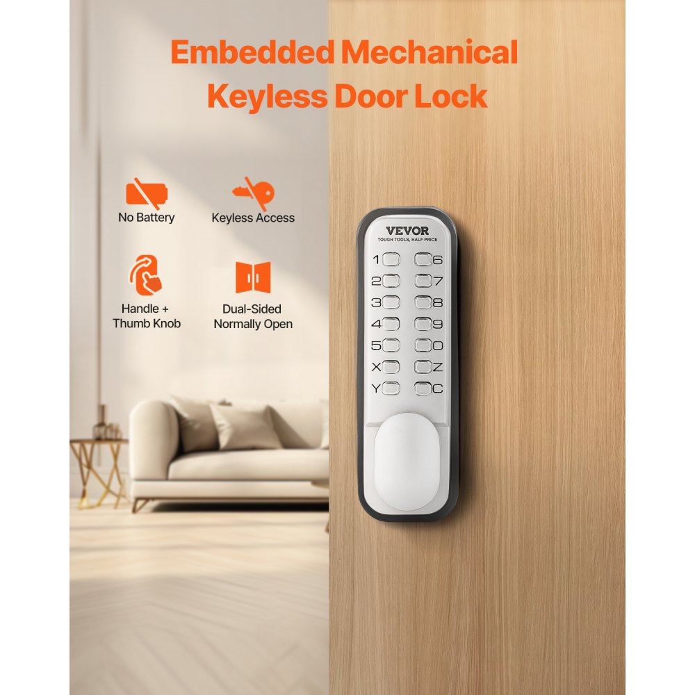 VEVOR Mechanical Keyless Entry Door Lock, 14 Key Mechanical Door Lock, Mechanical Keypad Door Knob, Single-Side Stainless Steel Waterproof Keyless Gate Lock, for Home Office Outdoor Fence Garage Yard