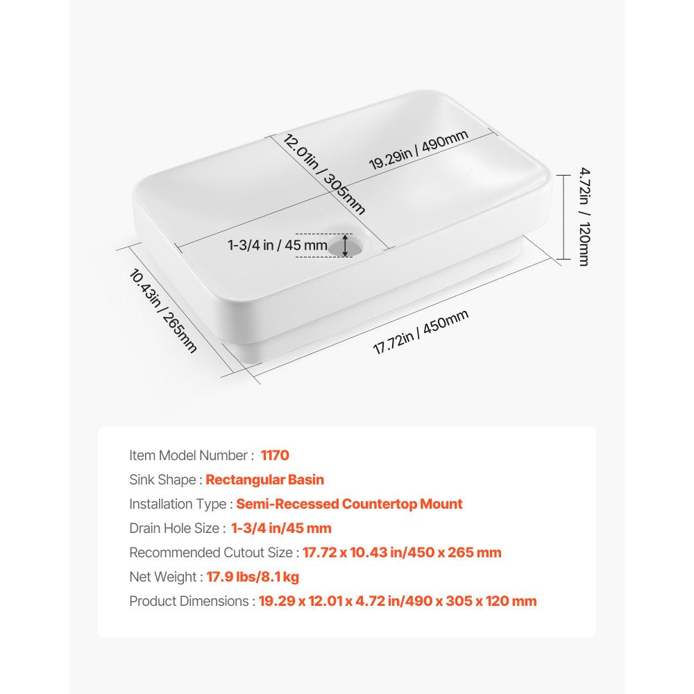 VEVOR Semi Recessed Bathroom Sink, 19.29 x 12.01 Inch Rectangular White Ceramic Vessel Sink with 1-3/4 Inch Drain Hole, Drop in Modern Lavatory Vanity Bath Wash Bowl Basin, Rectangle for Small Space