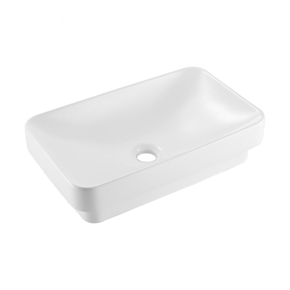 VEVOR Semi Recessed Bathroom Sink, 19.29 x 12.01 Inch Rectangular White Ceramic Vessel Sink with 1-3/4 Inch Drain Hole, Drop in Modern Lavatory Vanity Bath Wash Bowl Basin, Rectangle for Small Space