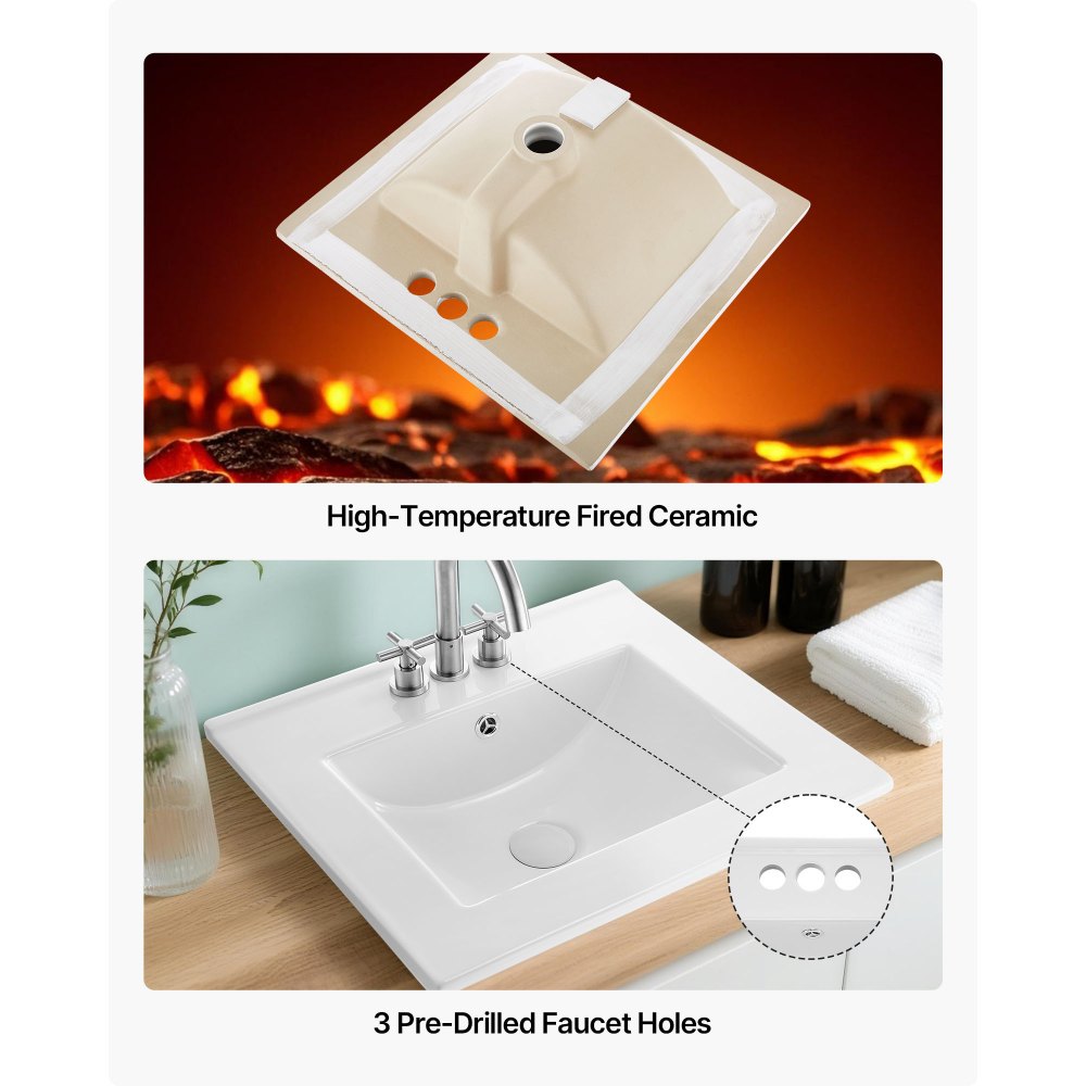VEVOR Semi Recessed Bathroom Sink, 20.08 x 18.31 Inch Rectangular White Ceramic Vessel Sink with Overflow and 3 Faucet Holes, Drop in Modern Lavatory Vanity Bath Wash Bowl Basin Rectangle Small Space