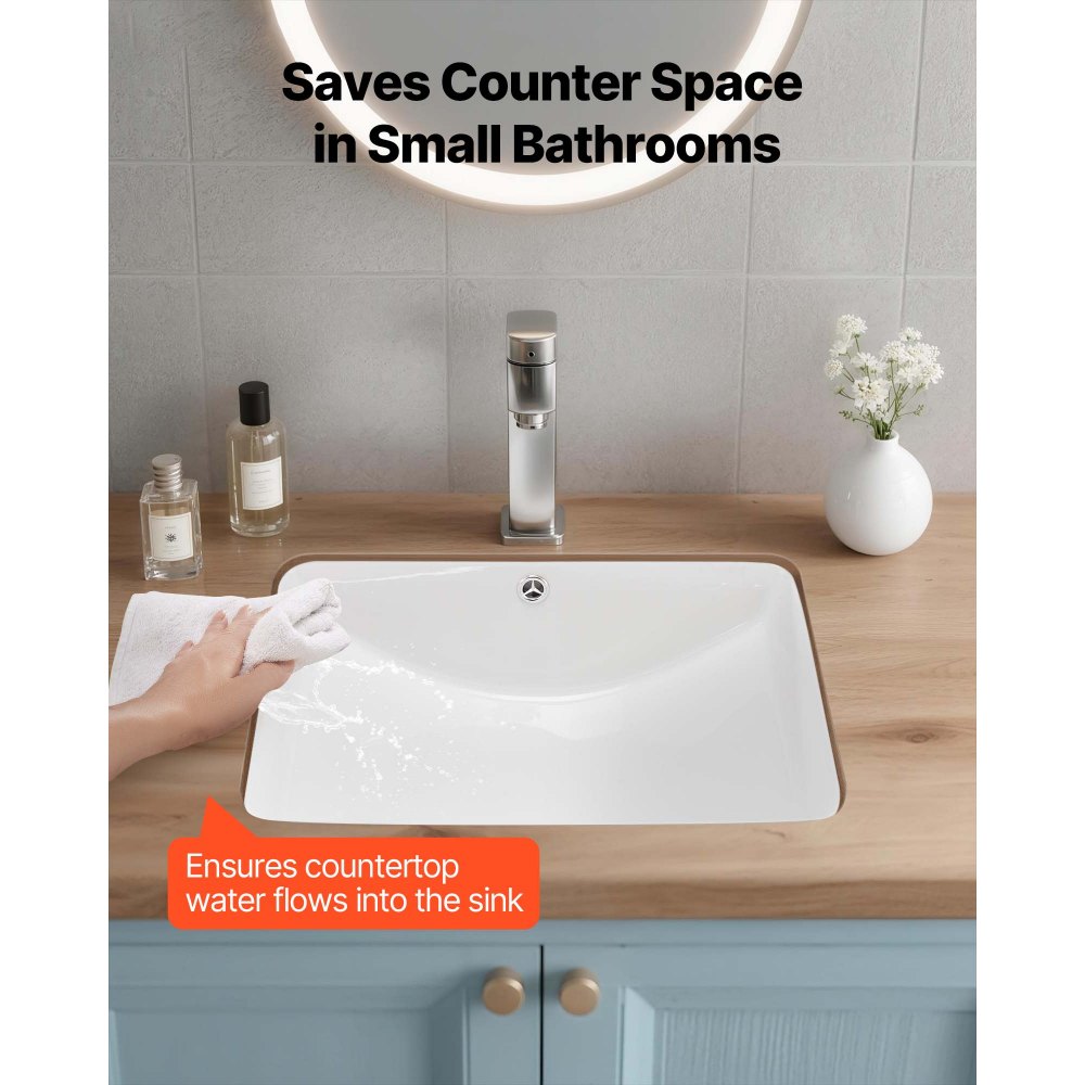 VEVOR Undermount Bathroom Sink, 20.87 x 14.76 Inch Rectangular White Ceramic Vessel Sink with Overflow Hole, Under Counter Drop in Modern Lavatory Vanity Bath Wash Bowl Basin, Rectangle Small Space