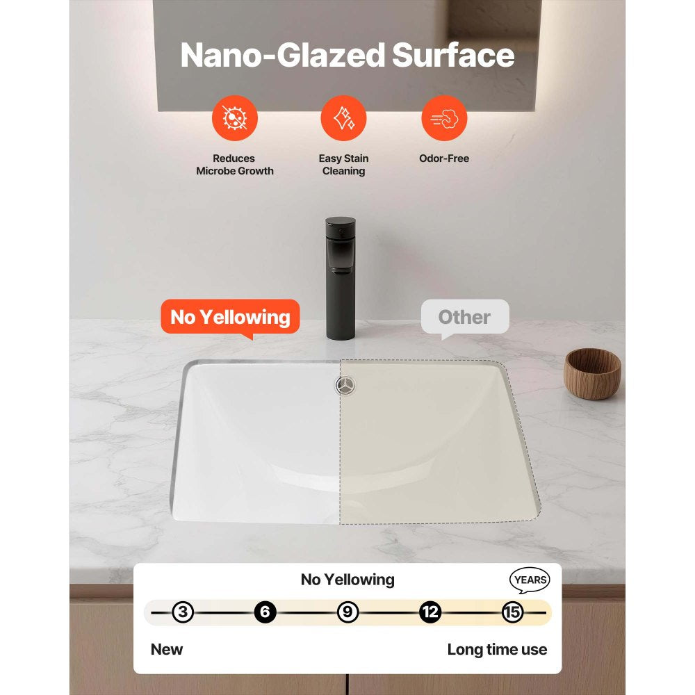 VEVOR Undermount Bathroom Sink, 18.11 x 12.99 Inch Rectangular White Ceramic Vessel Sink with Overflow Hole, Under Counter Drop in Modern Lavatory Vanity Bath Wash Bowl Basin, Rectangle Small Space
