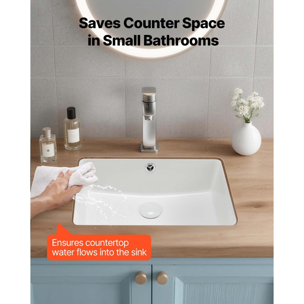 VEVOR Undermount Bathroom Sink, 18.5 x 13.19 Inch Rectangular White Ceramic Vessel Sink with Overflow Hole, Under Counter Drop in Modern Lavatory Vanity Bath Wash Bowl Basin, Rectangle Small Space