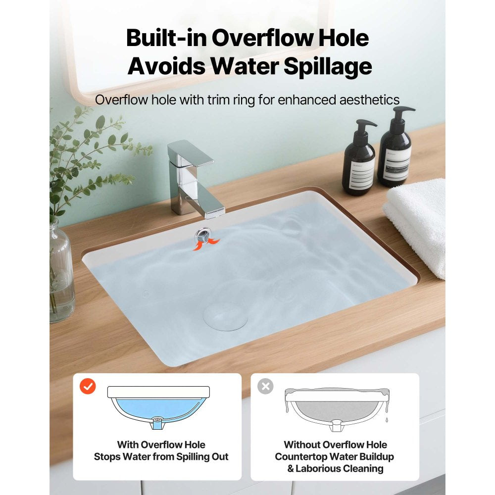 VEVOR Undermount Bathroom Sink, 18.5 x 13.19 Inch Rectangular White Ceramic Vessel Sink with Overflow Hole, Under Counter Drop in Modern Lavatory Vanity Bath Wash Bowl Basin, Rectangle Small Space