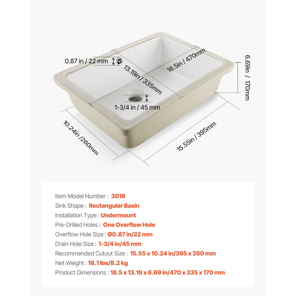 VEVOR Undermount Bathroom Sink, 18.5 x 13.19 Inch Rectangular White Ceramic Vessel Sink with Overflow Hole, Under Counter Drop in Modern Lavatory Vanity Bath Wash Bowl Basin, Rectangle Small Space