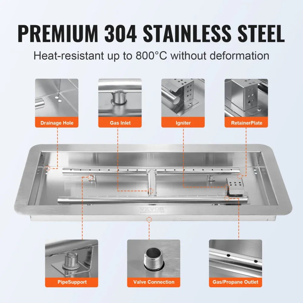 VEVOR 24 x 8 inch Drop-in Fire Pit Pan, Rectangular Stainless Steel Fire Pit Burner Kit, Propane Gas Fire Pan 120,000 BTU with H-Burner for Indoor or Outdoor Use