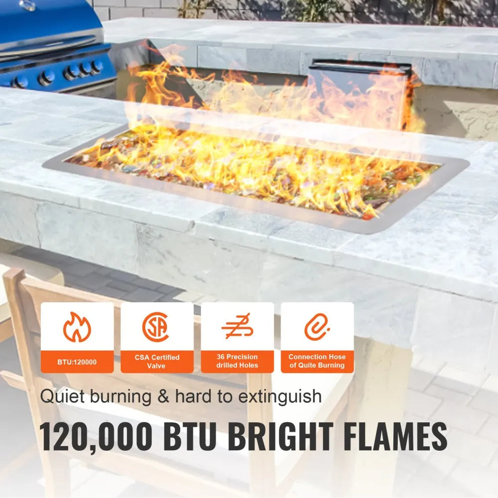 VEVOR 24 x 8 inch Drop-in Fire Pit Pan, Rectangular Stainless Steel Fire Pit Burner Kit, Propane Gas Fire Pan 120,000 BTU with H-Burner for Indoor or Outdoor Use